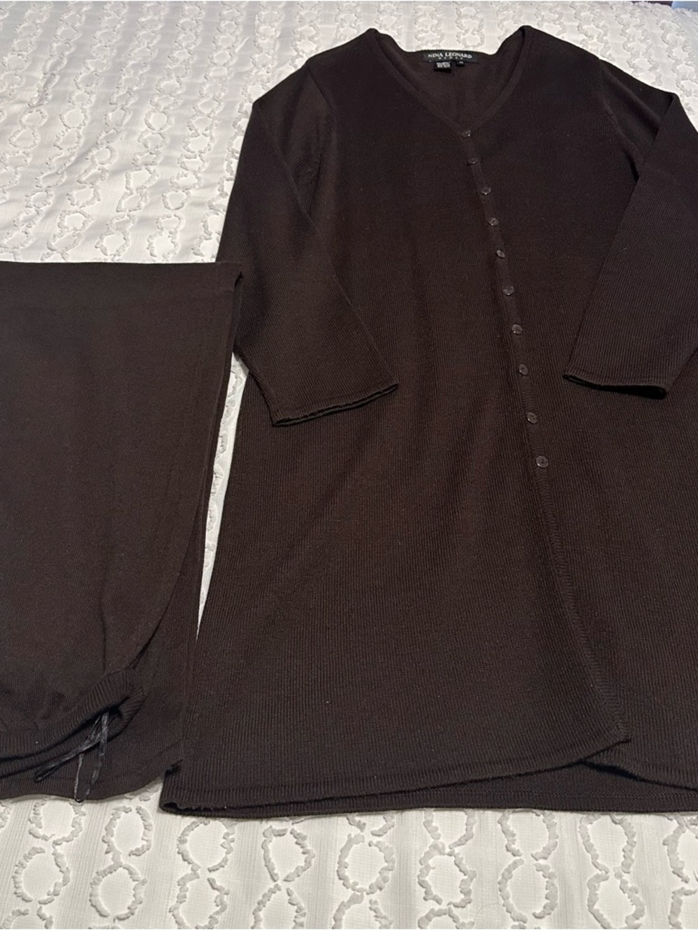 Nina Leonard Dark Brown Ribbed Button-Front Knit Jacket and Pants - 1X